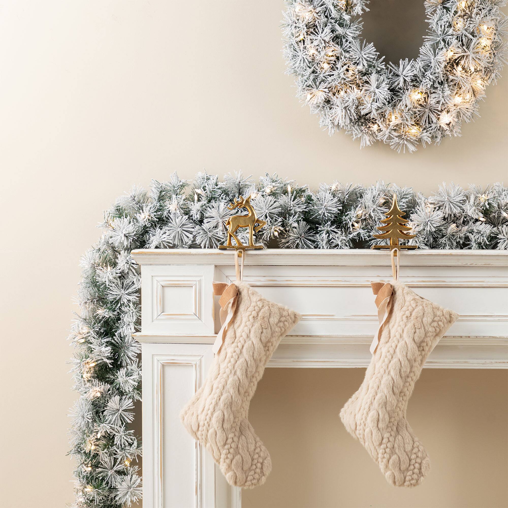 Glitzhome® 9ft Pre-Lit Snow Flocked Greenery Pine Christmas Garland with Timer